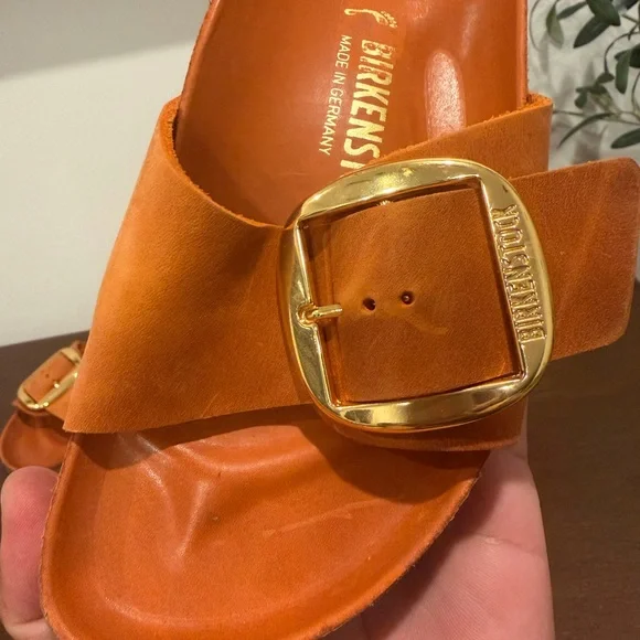 Birkenstock Madrid Big Buckle | Tan/Orange Slides with Gold Buckle - Picture 10 of 15